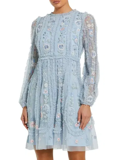 Mac Duggal Women's Cocktail Floral-Embroidered Tulle Minidress - Powder Blue - Size 12 | Thumbnail 1