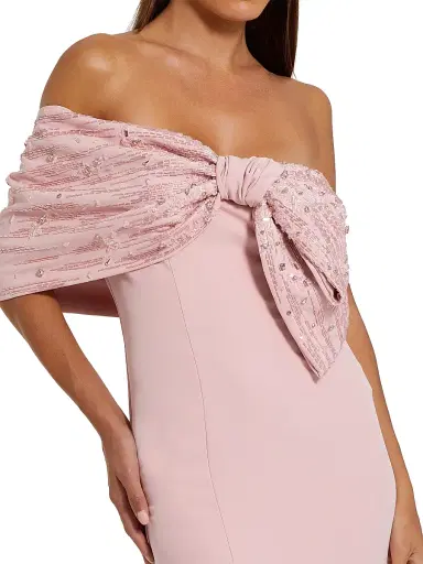 Mac Duggal Women's Evening Beaded Off-The-Shoulder Bow Satin Mermaid Gown - Blush - Size 14 | Thumbnail 3 Mac Duggal Women's Evening Beaded Off-The-Shoulder Bow Satin Mermaid Gown - Blush - Size 14 | Thumbnail 3