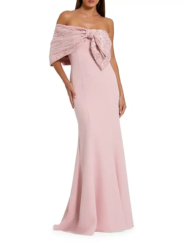Mac Duggal Women's Evening Beaded Off-The-Shoulder Bow Satin Mermaid Gown - Blush