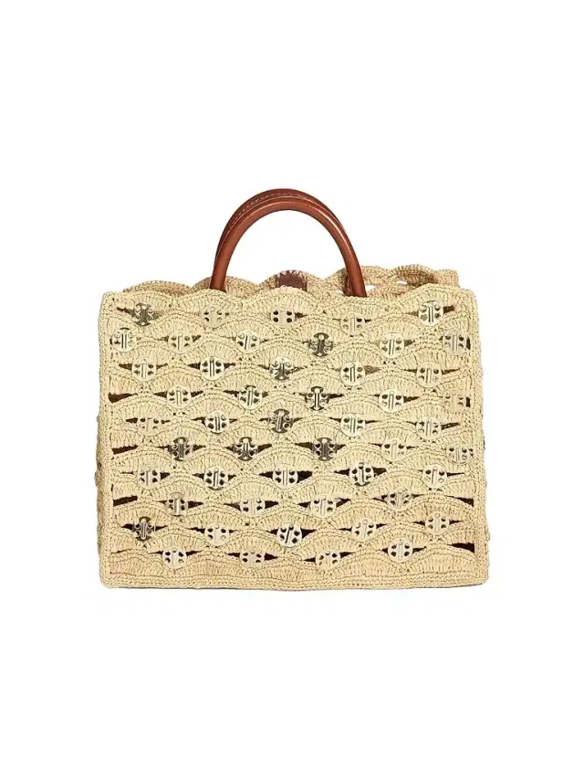 Women's Sac A Main Raffia & Leather Tote Bag - Natural Light Gold