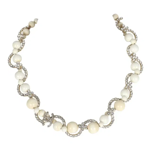 Chanel Chanel CC Faux Crystal Beaded Choker Necklace Beige/White Light Gold Tone Hardware