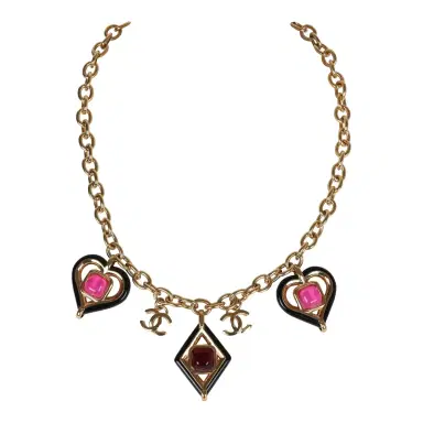 Chanel Chanel Hearts Charm Necklace Black/Pink Enamel/Gripoix Gold Tone Hardware | Thumbnail 1