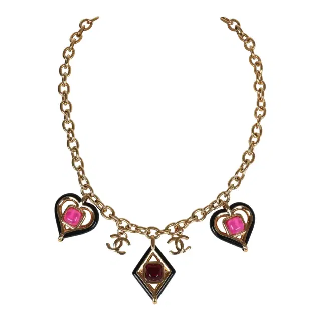 Chanel Chanel Hearts Charm Necklace Black/Pink Enamel/Gripoix Gold Tone Hardware