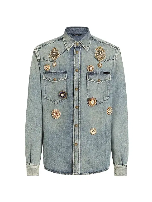Men's Embellished Denim Shirt - Open Blue