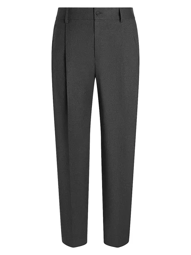 Men's Stretch-Wool Pleated Trousers - Melange Grigio