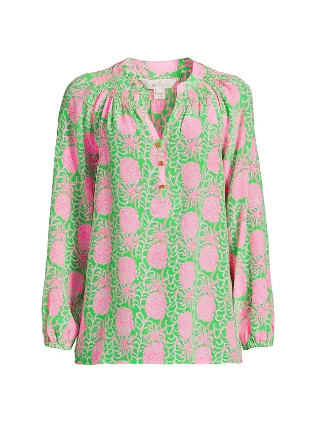 Women's Printed Silk Blouse - Fauna Green