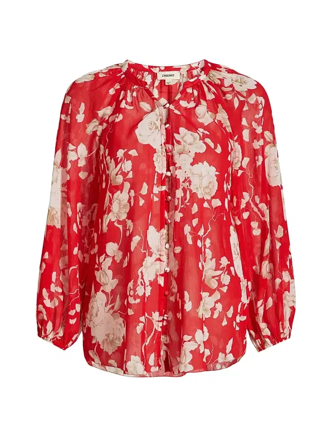 Women's Teagan Floral Semi-Sheer Button-Front Blouse - Red  Ikebana