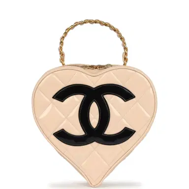 Chanel Vintage Chanel Heart Vanity Bag Beige and Black Patent Antique Gold Hardware | Thumbnail 1