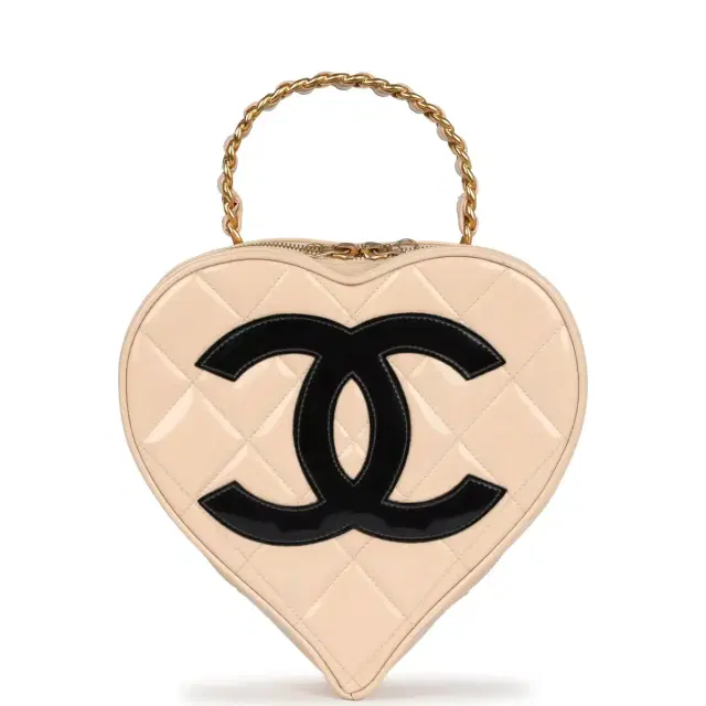 Chanel Vintage Chanel Heart Vanity Bag Beige and Black Patent Antique Gold Hardware