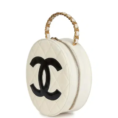 Chanel Vintage Chanel Round Vanity Bag White and Black Patent Leather Antique Gold Hardware | Thumbnail 5