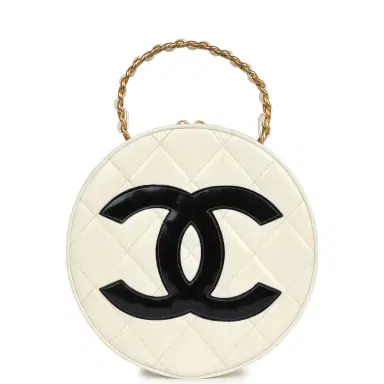 Chanel Vintage Chanel Round Vanity Bag White and Black Patent Leather Antique Gold Hardware | Thumbnail 1