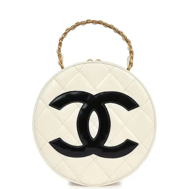 Chanel Vintage Chanel Round Vanity Bag White and Black Patent Leather Antique Gold Hardware
