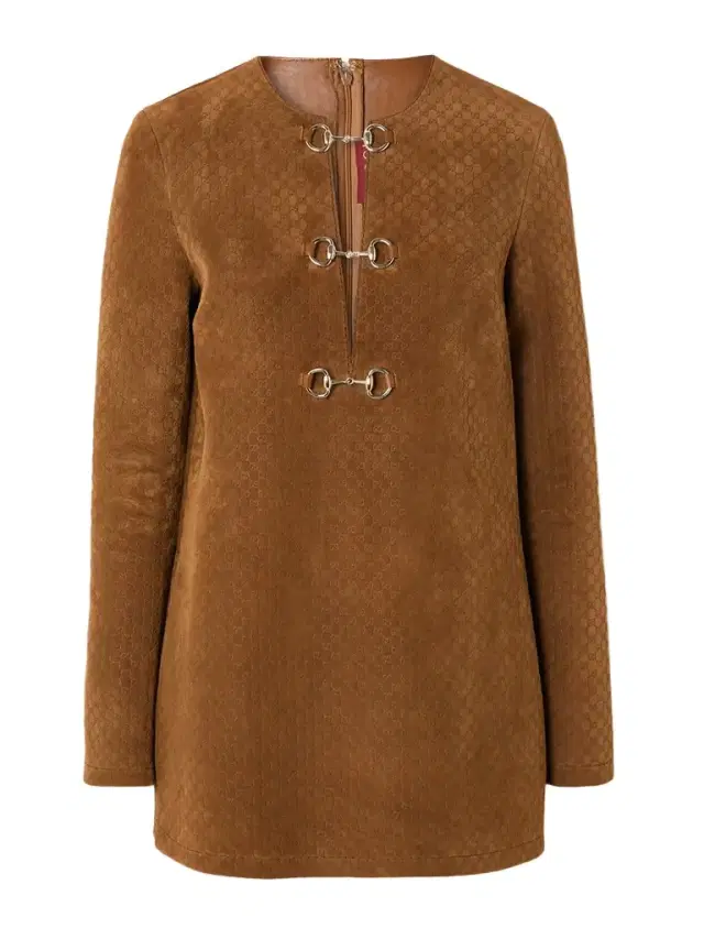 Horsebit-detailed Debossed Suede Mini Dress