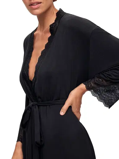 Eberjey Women's Lace-Trimmed Jersey Kimono-Inspired Robe - Black | Thumbnail 4 Eberjey Women's Lace-Trimmed Jersey Kimono-Inspired Robe - Black | Thumbnail 4