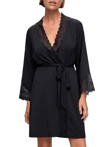 Eberjey Women's Lace-Trimmed Jersey Kimono-Inspired Robe - Black | Thumbnail 1 Eberjey Women's Lace-Trimmed Jersey Kimono-Inspired Robe - Black | Thumbnail 1
