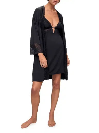 Eberjey Women's Satin & Lace Cut-Out Back Chemise - Black - Size XL | Thumbnail 2