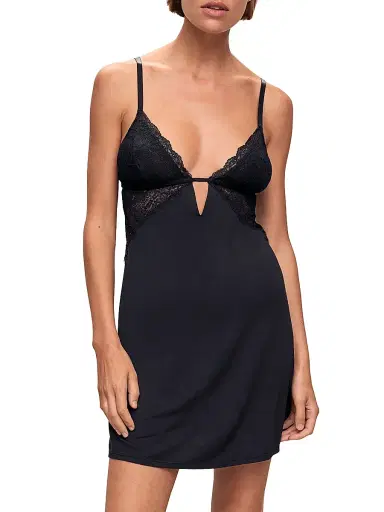 Eberjey Women's Satin & Lace Cut-Out Back Chemise - Black - Size XL | Thumbnail 1