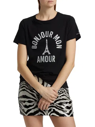 Cinq à Sept Women's 'Bonjour Mon Amour' Embellished Eiffel Tower Cotton T-Shirt - Black - Size Medium | Thumbnail 3