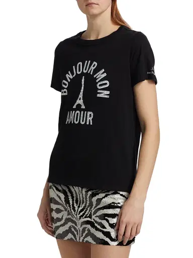 Cinq à Sept Women's 'Bonjour Mon Amour' Embellished Eiffel Tower Cotton T-Shirt - Black - Size Medium | Thumbnail 4
