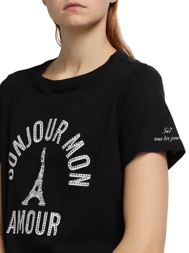 Cinq à Sept Women's 'Bonjour Mon Amour' Embellished Eiffel Tower Cotton T-Shirt - Black - Size Medium | Thumbnail 6