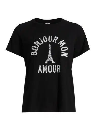 Cinq à Sept Women's 'Bonjour Mon Amour' Embellished Eiffel Tower Cotton T-Shirt - Black - Size Medium | Thumbnail 1