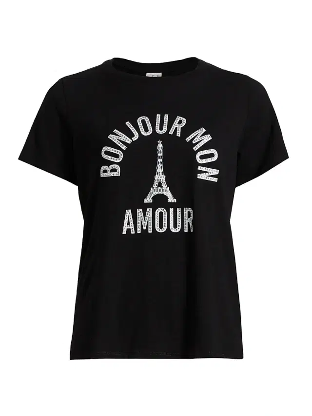 Women's 'Bonjour Mon Amour' Embellished Eiffel Tower Cotton T-Shirt - Black