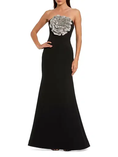 Mac Duggal Women's Crêpe 3D Rhinestone Flower Strapless Gown - Black - Size 14 | Thumbnail 1 Mac Duggal Women's Crêpe 3D Rhinestone Flower Strapless Gown - Black - Size 14 | Thumbnail 1