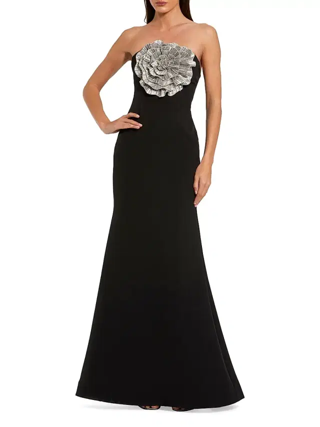Women's Crêpe 3D Rhinestone Flower Strapless Gown - Black