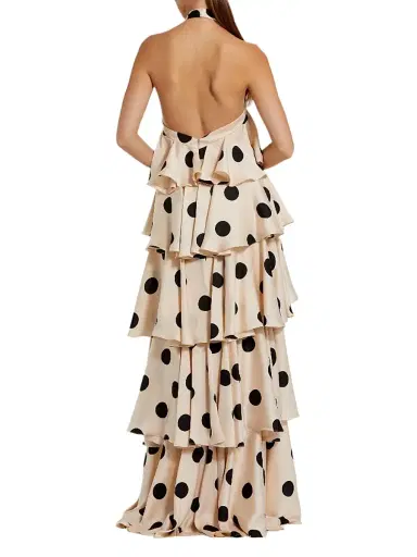 Mac Duggal Women's Ieena Polka Dot Charmeuse Halterneck Gown - Cream Black - Size Large | Thumbnail 2