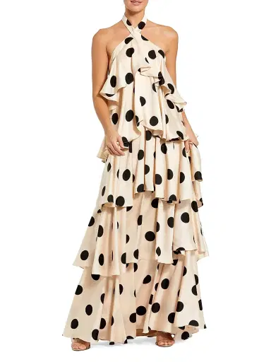 Mac Duggal Women's Ieena Polka Dot Charmeuse Halterneck Gown - Cream Black - Size Large | Thumbnail 1