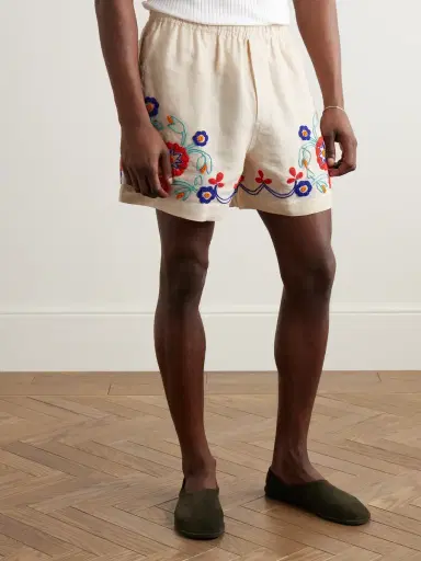 BODE Garden Party Straight-Leg Bead-Embellished Linen Shorts - Men | Thumbnail 3