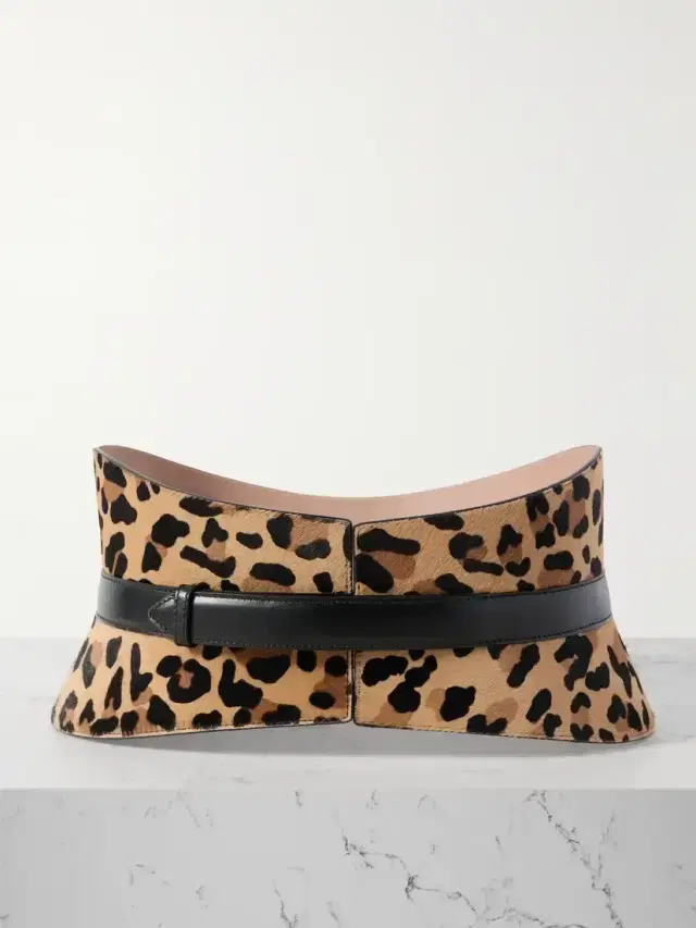 Leather-trimmed Leopard-print Calf Hair Waist Belt