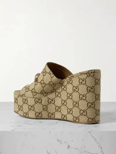 Gucci Carmen Horsebit-embellished Canvas-jacquard Wedge Mules | Thumbnail 3 Gucci Carmen Horsebit-embellished Canvas-jacquard Wedge Mules | Thumbnail 3