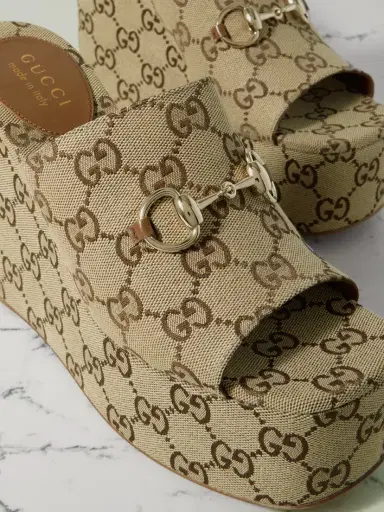 Gucci Carmen Horsebit-embellished Canvas-jacquard Wedge Mules | Thumbnail 4 Gucci Carmen Horsebit-embellished Canvas-jacquard Wedge Mules | Thumbnail 4
