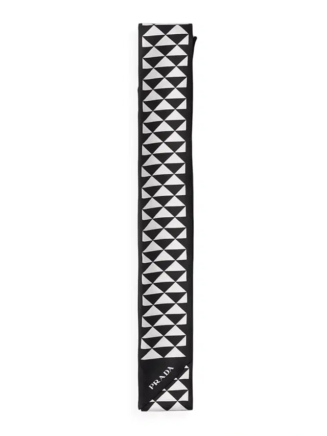 Women's Long Skinny Printed Silk Twill Rectangular Scarf - Black