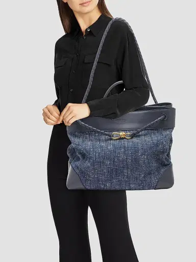 Bottega Veneta Women's Large Andiamo Denim Bouclé Tote Bag - Navy White | Thumbnail 2