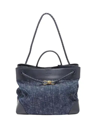 Bottega Veneta Women's Large Andiamo Denim Bouclé Tote Bag - Navy White | Thumbnail 1