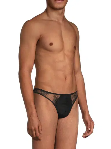 Fleur du Mal Men's Bouquet Sheer Floral Lace Thong - Black - Size XL | Thumbnail 4