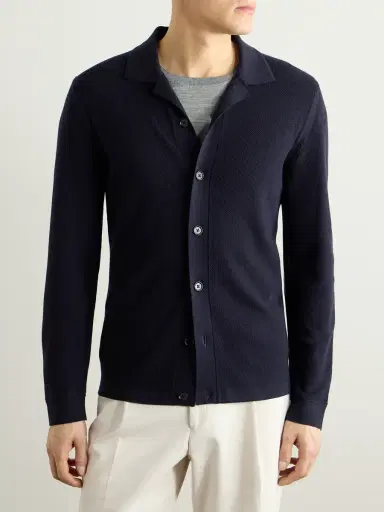 Zegna Camp-Collar Wool-Piqué Cardigan - Men | Thumbnail 3