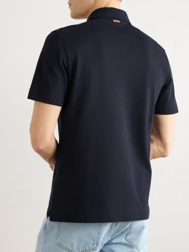 Zegna Slim-Fit Leather-Trimmed Cotton-Piqué Polo Shirt - Men | Thumbnail 4 Zegna Slim-Fit Leather-Trimmed Cotton-Piqué Polo Shirt - Men | Thumbnail 4