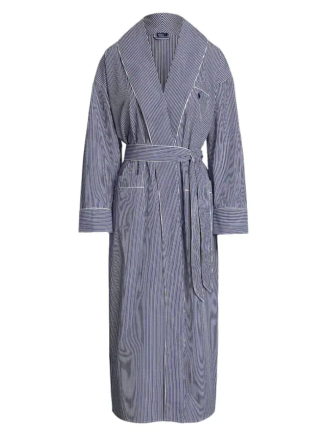 Polo Ralph Lauren Women's Heritage Cotton Wrap Robe - White Cloud Beacon Blue