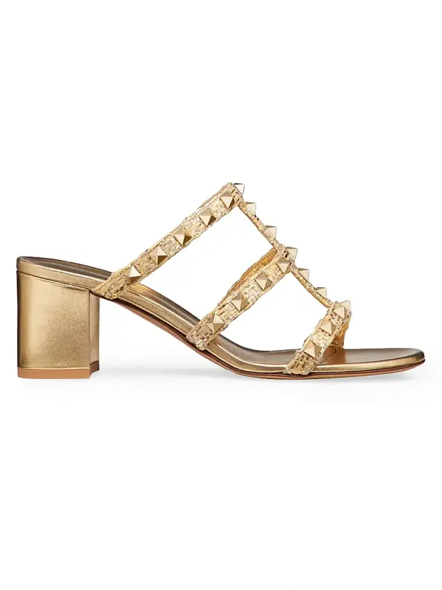Women's Rockstud Raffia Slide Sandals 60mm - Gold