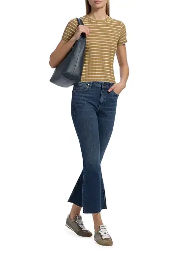 rag & bone Women's Luca Striped Cotton Crop T-Shirt - Khaki Multi | Thumbnail 2