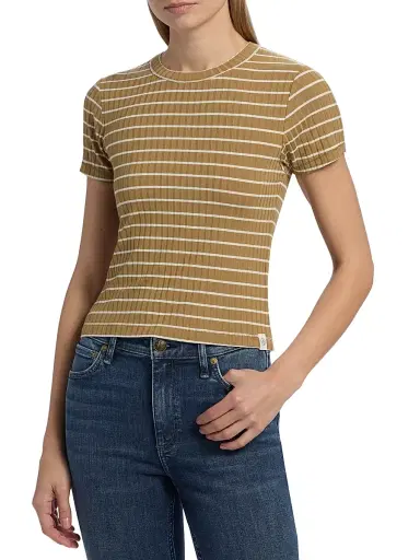 rag & bone Women's Luca Striped Cotton Crop T-Shirt - Khaki Multi | Thumbnail 3