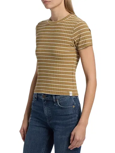 rag & bone Women's Luca Striped Cotton Crop T-Shirt - Khaki Multi | Thumbnail 4