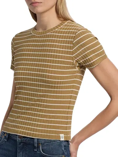 rag & bone Women's Luca Striped Cotton Crop T-Shirt - Khaki Multi | Thumbnail 6