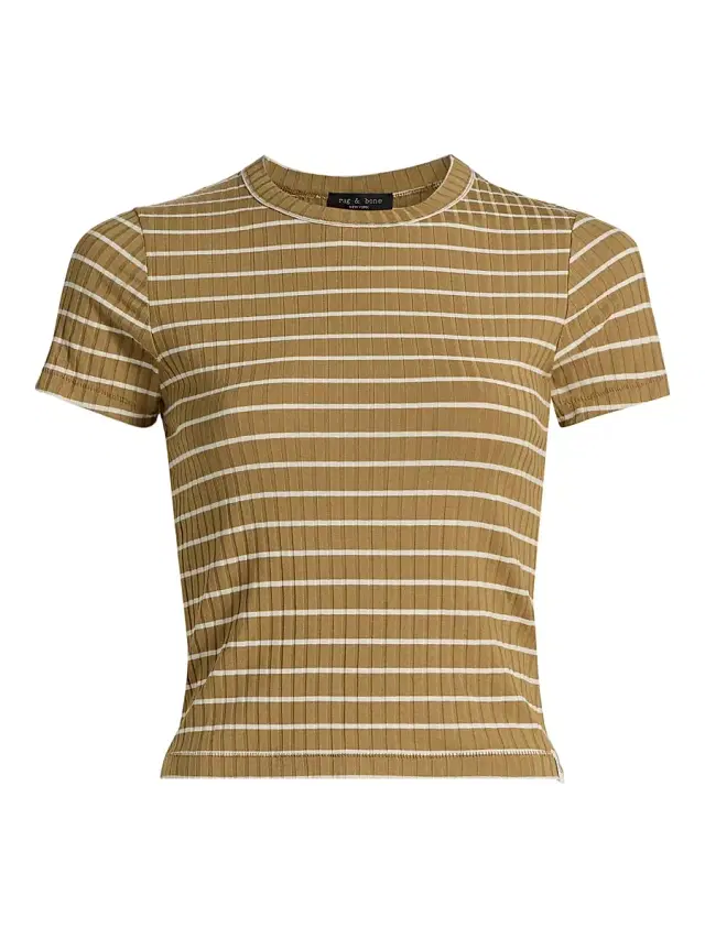 rag & bone Women's Luca Striped Cotton Crop T-Shirt - Khaki Multi