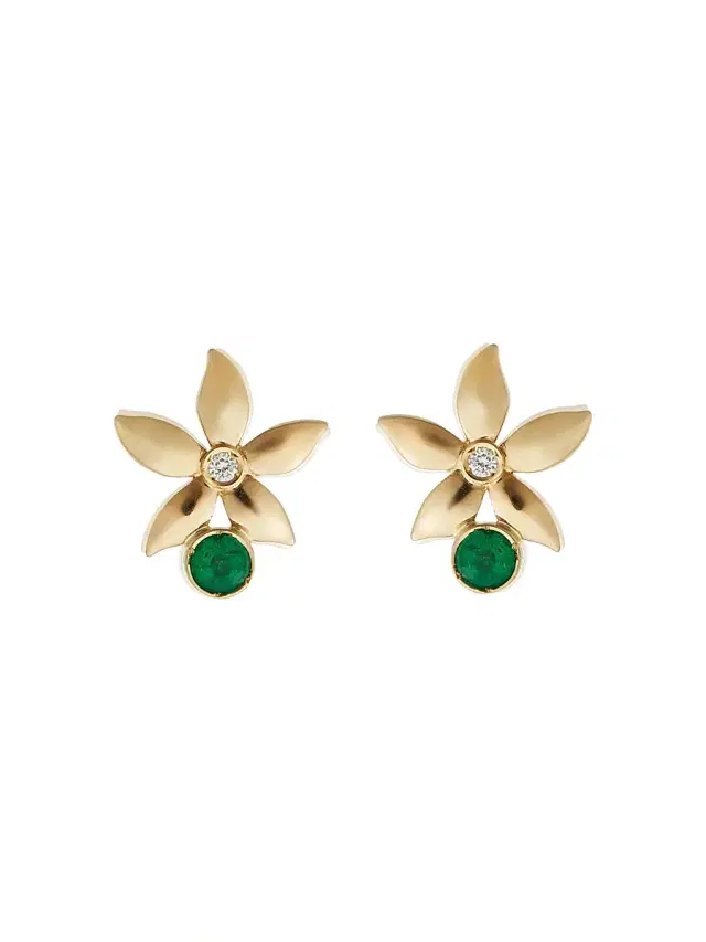 Women's Blossom 18K Yellow Gold, 0.28 TCW Emerald & 0.04 TCW Diamond Flower Stud Earrings - Yellow Gold