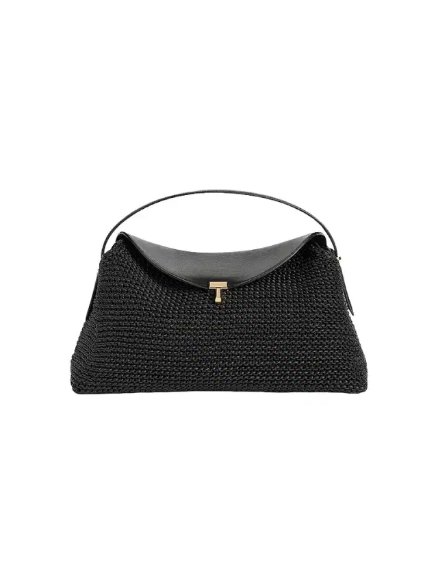 Women's T-Lock Woven-Leather Top Handle Bag - Black