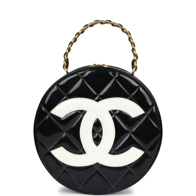 Chanel Vintage Chanel Round Vanity Bag Black and White Patent Leather Antique Gold Hardware